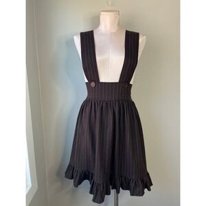 Geeky Mamas Pinafore Dress Brown Pinstripe Handmade Ruffle Hem Overall Skirt L